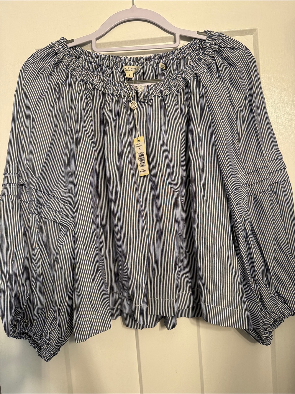 Max Studio Blue and White Striped Off-Shoulder Blouse